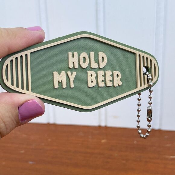 Retro Motel Keychain, Hold My Beer, Ballchain Keychain, Green and Tan - Picture 2 of 5